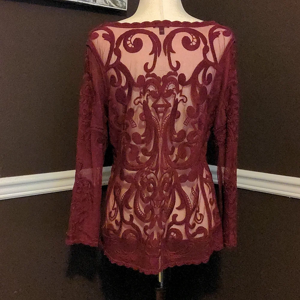 Express maroon see through mesh embroidered long sleeve top size medium